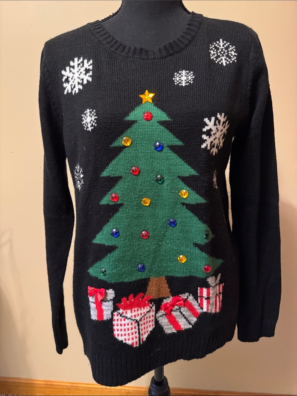Black Holiday Christmas Tree Sweater with Embellished Ornaments